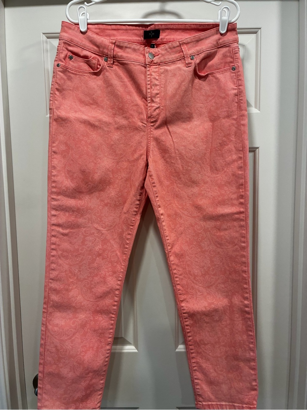 NYDJ Slim Straight Jeans in Coral Pink Paisley